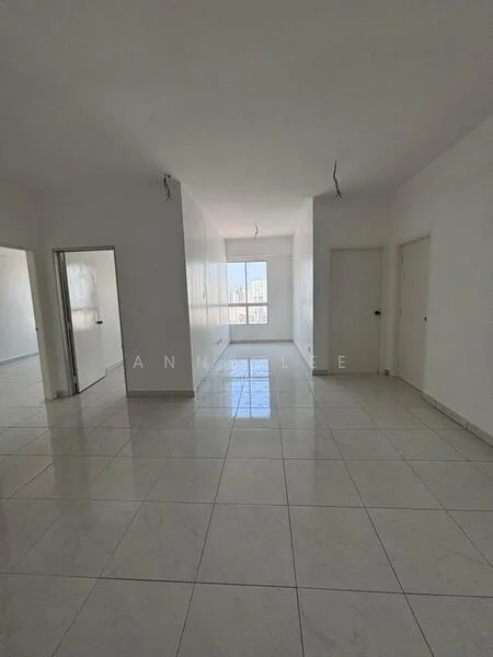 Room features: white painted walls, glossy white tile flooring, large windows with natural light, doorway openings, no visible furniture or decor, neutral color scheme, high ceiling, minimalist design; style: minimalist; view: city.