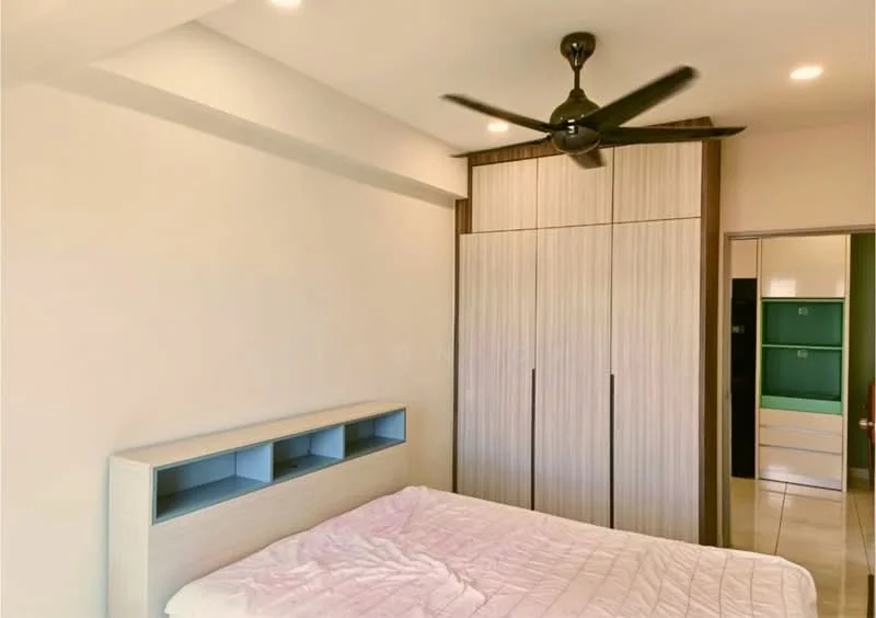 Bedroom features: queen-size bed, upholstered headboard, built-in wardrobe with sliding doors, 5-blade ceiling fan, white painted walls, tile flooring, natural light from window, decorative wall shelf; style: modern.
