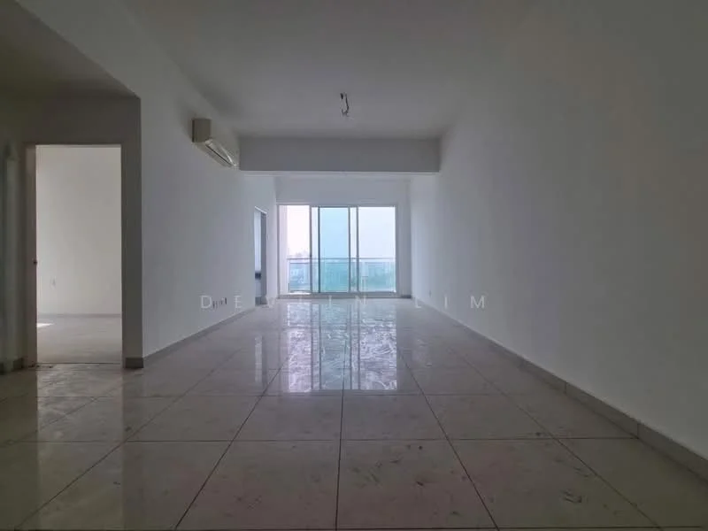Living features: white painted walls, marble tile flooring, floor-to-ceiling windows, sliding glass door, recessed downlights, 1 wall-mounted split AC, open layout, natural light from large windows; style: modern; view: city.