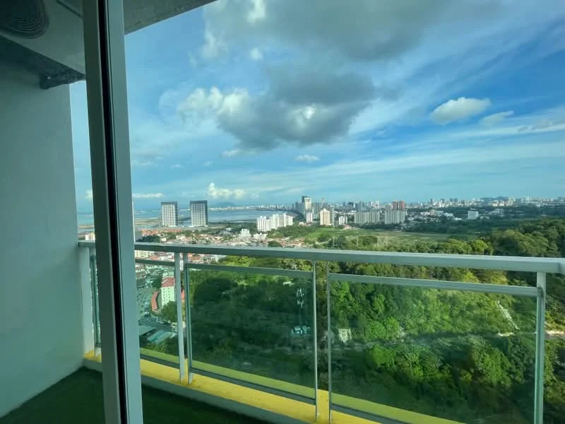 Room features: floor-to-ceiling windows, glass balcony railing, city skyline view, greenery view, concrete flooring, outdoor space, overhead ceiling, natural light; style: modern; view: city.