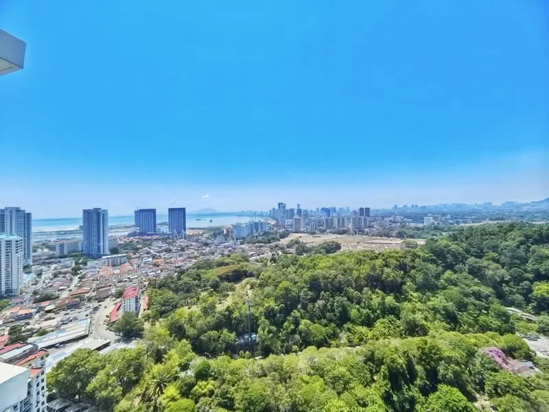 Exterior type: high-rise condominium; features: city skyline view, sea view, surrounded by greenery, urban landscape, high-rise buildings, clear blue sky; style: modern.