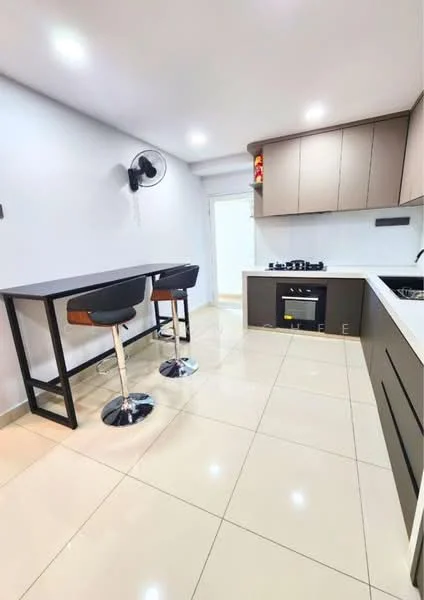 Kitchen features: white painted walls, glossy beige cabinetry, black countertop, stainless-steel gas hob, built-in oven, single-bowl stainless-steel sink, chrome pull-down faucet, pendant lighting, bar stools with chrome base, tile flooring, wall-mounted ceiling fan; style: modern.