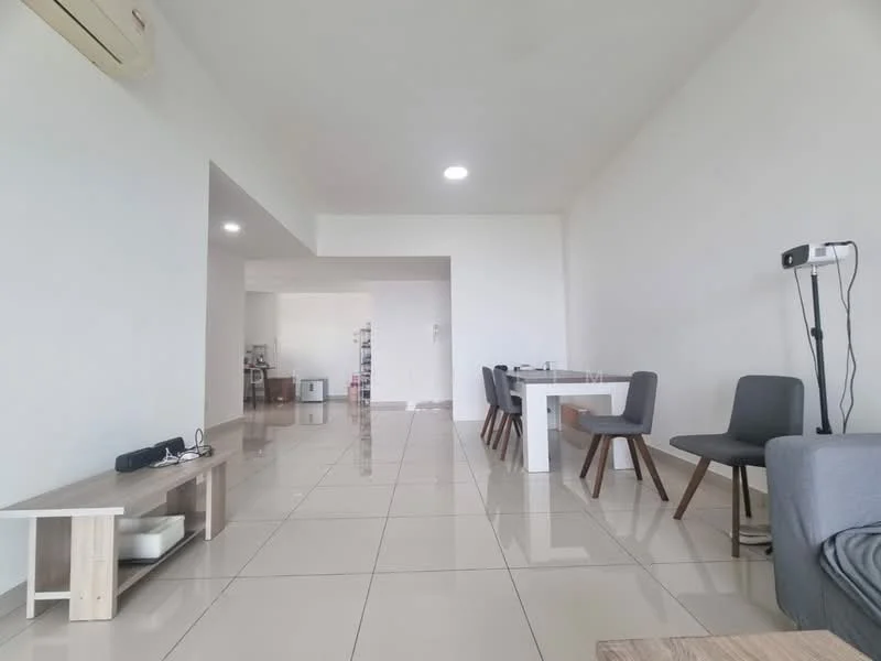 Living features: white painted walls, glossy tile flooring, recessed downlights, 1 wall-mounted split AC, sofa in grey, wooden coffee table, dining table with 4 chairs, open layout, floor-to-ceiling windows, decorative wall-mounted shelf; style: modern.