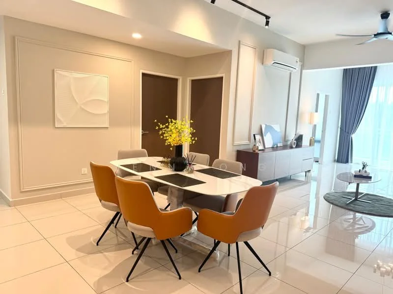 Dining features: 8-seater dining table with white tabletop, brown upholstered dining chairs, pendant lighting above the table, white painted walls, grey accent wall, large windows with sheer curtains, recessed ceiling lights, polished ceramic tile flooring, decorative wall art, sideboard cabinet, wall-mounted TV, ceiling fan; style: modern. Living features: sofa, coffee table, TV console, area rug, floor-to-ceiling windows, curtains, wall-mounted TV; style: modern.