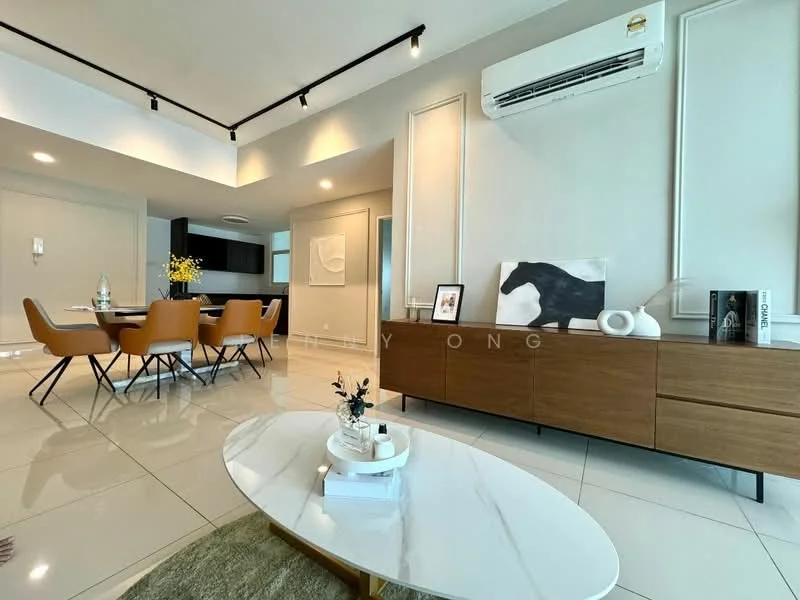 Living features: white painted walls, recessed downlights, 5-blade ceiling fan, large floor-to-ceiling windows, glossy ceramic tile flooring, wooden sideboard, decorative artwork, coffee table, area rug, sofa, dining table with chairs, air conditioning unit; style: modern.