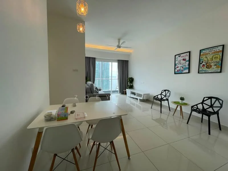 Living features: white painted walls, glossy white tile flooring, recessed downlights, 5-blade ceiling fan, floor-to-ceiling windows, grey curtains, light wood coffee table, white TV console, decorative plants, 2 framed artworks on walls, 4 black dining chairs, small green plant on table; style: modern; view: city. Dining features: white dining table, 4 white chairs; style: modern.