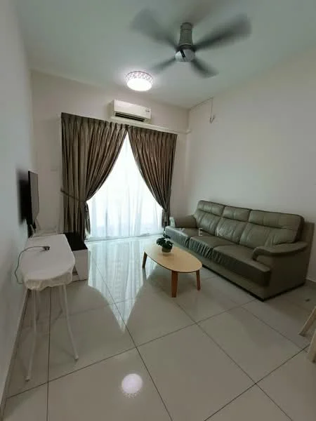 Living features: 3-seater fabric sofa in grey, coffee table, wall-mounted TV, floor-to-ceiling windows, sheer curtains, 5-blade ceiling fan with light, white painted walls, glossy tile flooring, air conditioning unit; style: modern.