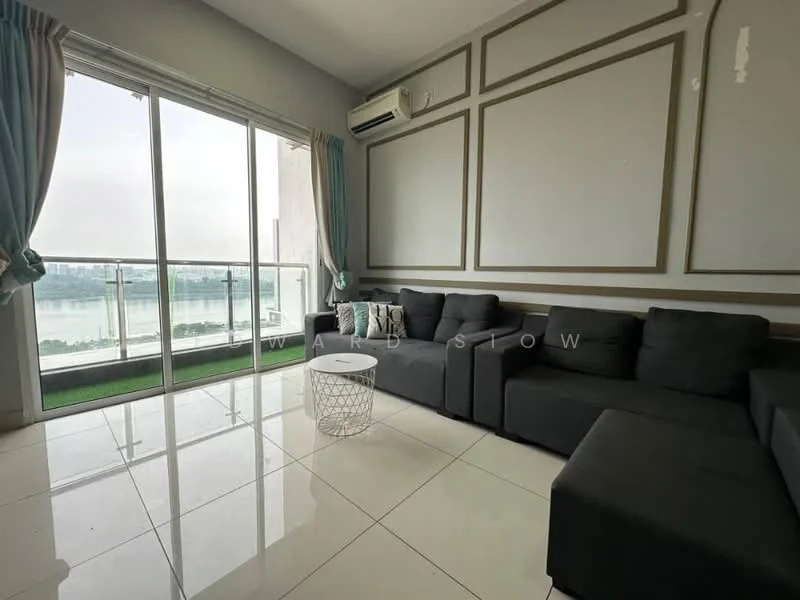 Living features: L-shape sectional sofa in grey, white coffee table, floor-to-ceiling windows, sliding glass door, white painted walls, decorative wall moulding, marble tile flooring, air conditioning unit, curtains in light blue, greenery view from balcony; style: modern; view: garden.