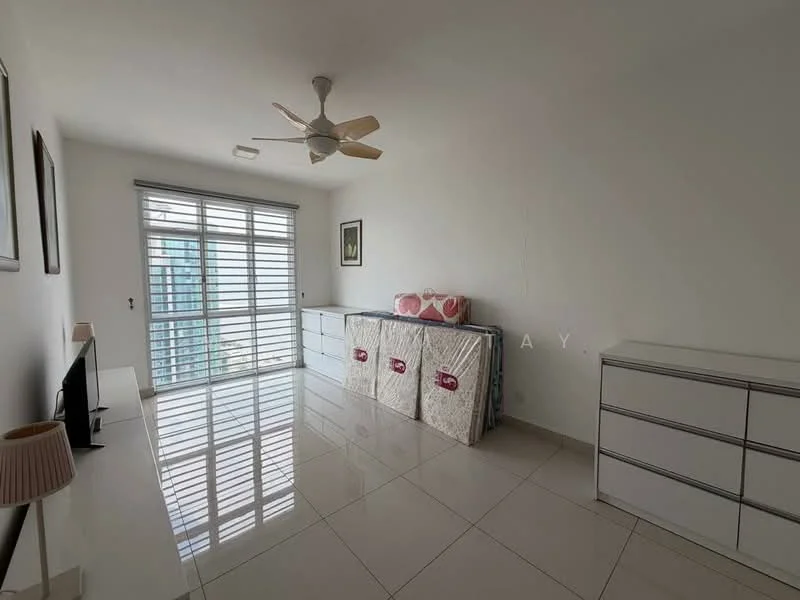 Living features: white painted walls, glossy tile flooring, 5-blade ceiling fan, floor-to-ceiling windows, sheer curtains, TV console, two white storage cabinets, decorative wall art, natural light from windows; style: modern; view: city.