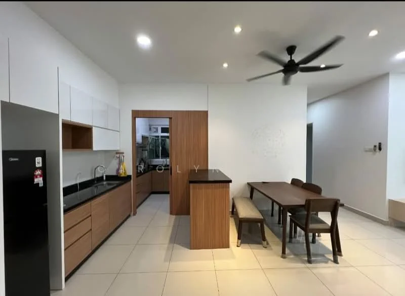 Kitchen features: white cabinetry with flat-panel doors, black countertop, single-bowl stainless-steel sink, chrome pull-down faucet, built-in oven, stainless-steel fridge, 5-blade ceiling fan with light, tile flooring, wall-mounted cabinets, open shelving, dining table with 6 chairs, wooden dining bench; style: modern. Dining features: dining table with 6 chairs, wooden dining bench; style: modern.