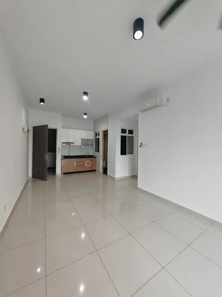 Living features: white painted walls, glossy ceramic tile flooring, recessed LED downlights, 1 wall-mounted split AC, open layout to kitchen, large windows, neutral color scheme, ceiling fan; style: modern. Kitchen features: kitchen island, wood cabinetry, stainless-steel sink, built-in oven, ceramic tile backsplash, open layout to living area; style: modern.