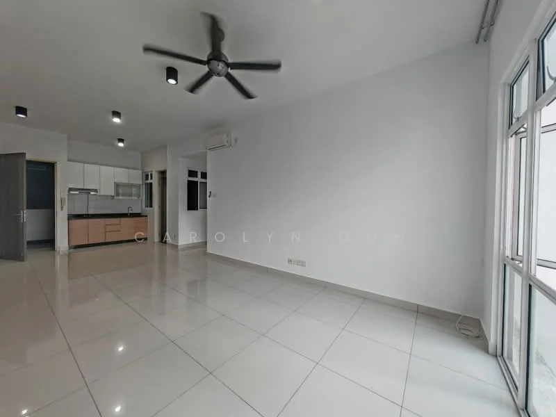 Living features: white painted walls, glossy white tile flooring, 5-blade ceiling fan with light, floor-to-ceiling windows, air conditioning unit, open layout to kitchen, natural light from windows, neutral color scheme; style: modern. Kitchen features: wood cabinetry, stainless-steel sink, countertop with space for appliances, open layout to living area; style: modern.