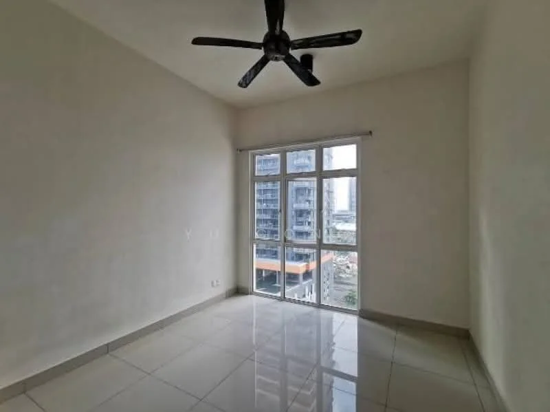 Room features: white painted walls, glossy tile flooring, 5-blade ceiling fan, floor-to-ceiling windows, city view, natural light, neutral color scheme; style: modern; view: city.