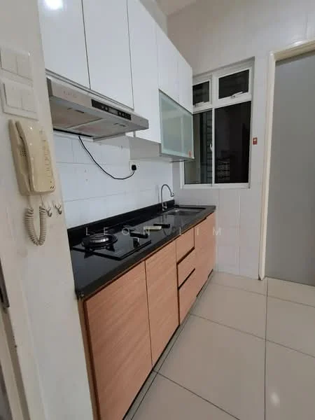 Kitchen features: black granite countertop, wood cabinetry in light brown, built-in oven, 4-burner gas hob, stainless-steel range hood, single-bowl stainless-steel sink, chrome pull-down faucet, white tiled walls, glossy tiled flooring, window above sink, wall-mounted microwave, telephone on wall; style: modern.