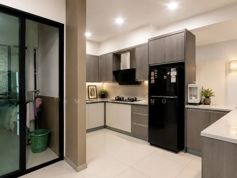 Kitchen features: grey cabinetry, white lower cabinets, black refrigerator, built-in oven, gas hob, black exhaust hood, white countertop, ceramic tile flooring, recessed downlights, single-bowl stainless-steel sink, window with sheer curtains, green basket, open shelving; style: modern.