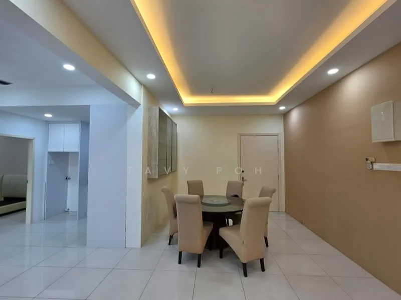 Dining features: round dining table, upholstered dining chairs, white tiled flooring, recessed downlights, tray ceiling with LED strip lighting, cream painted walls, feature wall with brown paint, wall-mounted electrical outlet; style: modern. Room features: open layout, white walls, doorway leading to another room.