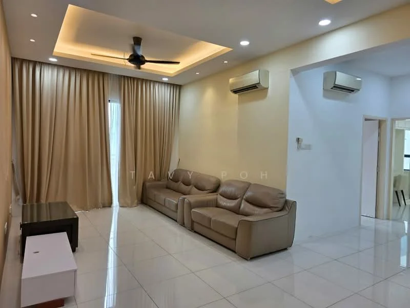 Living features: 3-seater leather sofa in beige, 2-seater leather sofa in beige, white tiled flooring, tray ceiling with recessed lighting, 5-blade ceiling fan, 2 wall-mounted split AC units, floor-to-ceiling curtains in beige, light-colored wall, TV console, decorative wall paneling; style: modern.