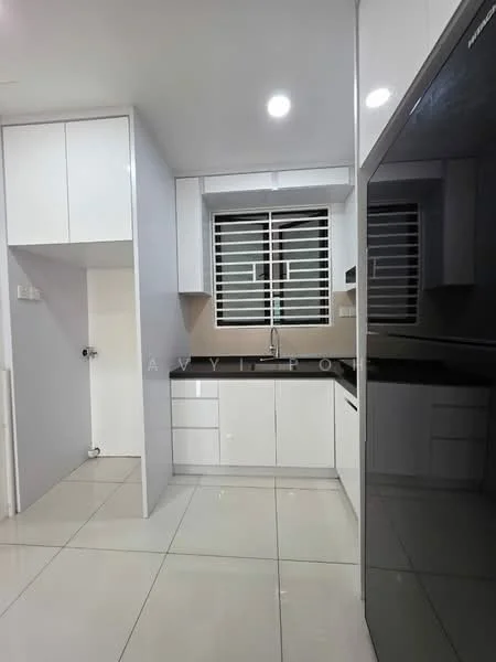 Kitchen features: white cabinetry, black countertop, single-bowl stainless-steel sink, chrome pull-down faucet, built-in oven, ceramic tile flooring, recessed downlights, window with horizontal blinds, open shelving, wall-mounted cabinets; style: modern.