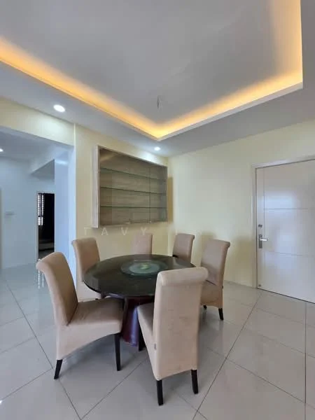 Dining features: round dining table, 6 upholstered dining chairs in beige, white painted walls, glossy tile flooring, recessed ceiling lights, cove lighting, built-in shelving unit, door to hallway; style: modern.