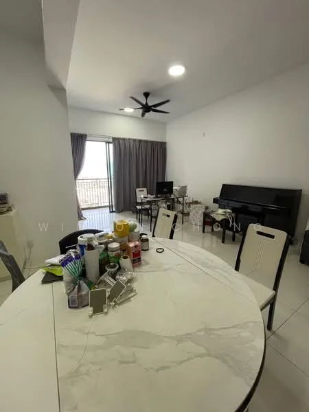 Dining features: round marble dining table, 8 dining chairs, ceiling fan with light, white walls, tile flooring, curtains, open layout to living area, view of balcony; style: modern; view: city. Living features: black piano, computer desk, sofa, TV console, floor-to-ceiling windows, light from windows; style: modern; view: city.