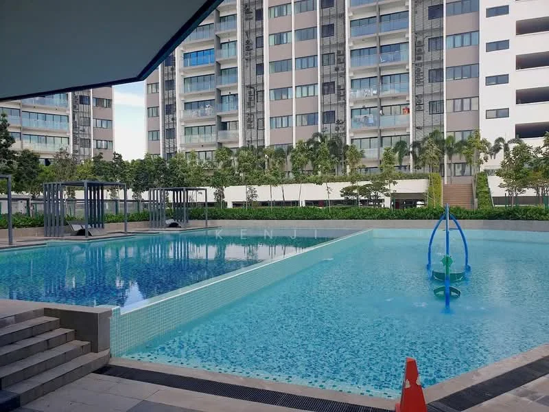 Exterior type: high-rise condominium; features: infinity pool, pool deck with loungers, landscaped garden, manicured lawn, surrounded by greenery, modern architecture, multiple storeys, water feature; style: modern.
