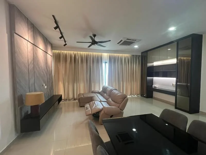 Living features: 3-seater leather sofa in beige, 2-seater leather sofa in beige, coffee table, wall-mounted TV, TV console, recessed LED downlights, ceiling fan, cream curtains, white walls, glossy tile flooring, built-in shelving unit, decorative lamp; style: modern.