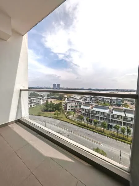 Room features: glass railing, grey tiled flooring, open balcony, city skyline view, surrounding greenery, road view; style: modern; view: city.