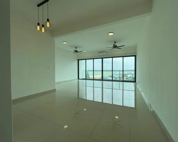 Living features: white painted walls, glossy tile flooring, 5-blade ceiling fan with light, 2 wall-mounted split ACs, floor-to-ceiling windows, sliding glass door, recessed downlights, open layout, city view; style: modern; view: city.