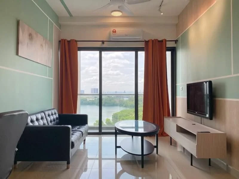 Living features: black leather 3-seater sofa, round glass coffee table, wall-mounted TV, light wood TV console, floor-to-ceiling windows, curtains in burnt orange, ceiling fan with light, recessed downlights, glossy tile flooring, green painted walls, wood panel accent wall; style: modern; view: lake.