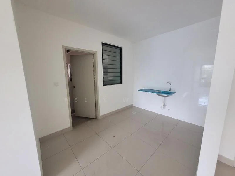 Room features: white painted walls, grey tiled flooring, single window with metal grille, door leading to another room, wall-mounted sink, no visible cabinetry, minimal decor; style: minimalist.
