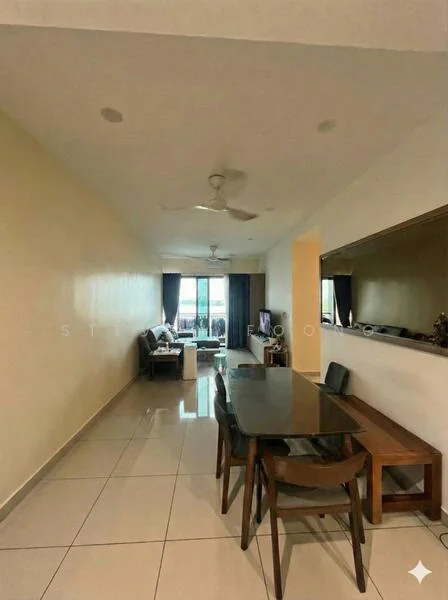 Dining features: dining table with 6 chairs, wall-mounted mirror, ceramic tile flooring, 5-blade ceiling fan, neutral painted walls, large window with curtains, open layout to living area, recessed ceiling lights; style: modern. Living features: sofa set, TV console, wall-mounted TV, neutral painted walls, ceramic tile flooring, large window with curtains, recessed ceiling lights; style: modern.