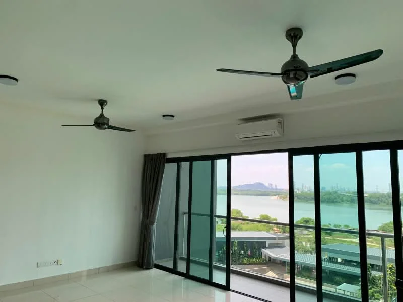 Living features: floor-to-ceiling windows, 2 ceiling fans, wall-mounted split AC, white painted walls, cream tiled flooring, curtains, lake view; style: modern; view: lake.