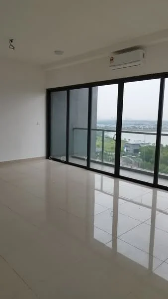 Living features: large floor-to-ceiling windows, sliding glass door, white painted walls, polished ceramic tile flooring, 1 wall-mounted split AC, recessed downlights, balcony view, open layout; style: modern; view: city.