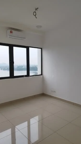 Room features: white painted walls, glossy ceramic tile flooring, floor-to-ceiling windows, 1 wall-mounted split AC, ceiling light fixture; style: modern; view: city.