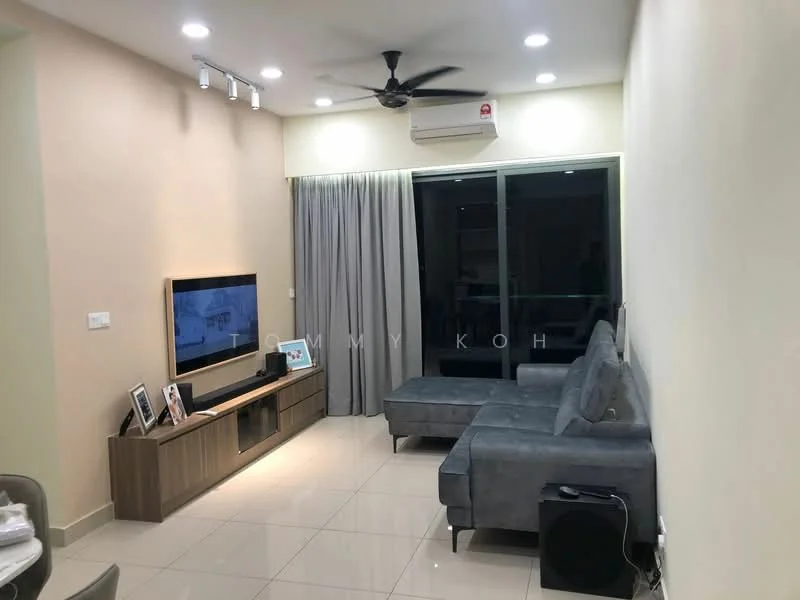 Living features: grey fabric sectional sofa, wood TV console, wall-mounted TV, recessed LED downlights, 5-blade ceiling fan, sliding glass door, floor-to-ceiling curtains, glossy tile flooring, decorative wall art, photo frames on console; style: modern.