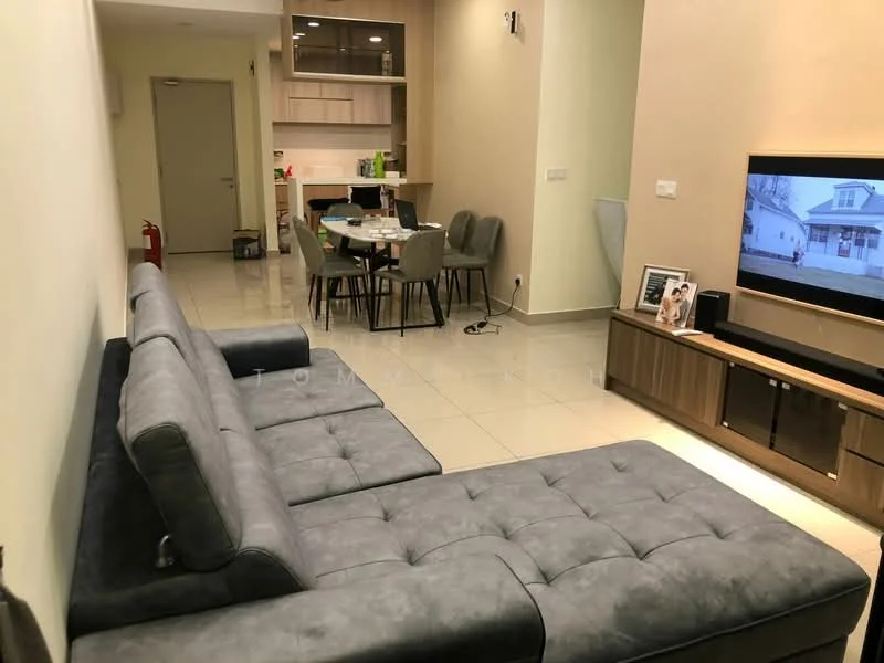 Living features: grey fabric sectional sofa, wall-mounted TV, wooden TV console, cream painted walls, glossy tile flooring, recessed downlights, decorative photo frame, open layout to dining area; style: modern. Dining features: 6-seater dining table, upholstered dining chairs, kitchen area visible in background; style: modern.