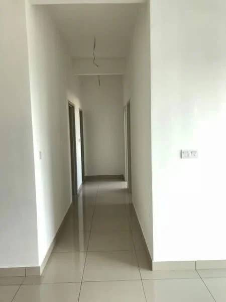 Hallway features: white painted walls, glossy ceramic tile flooring, recessed ceiling, door frames, light switch, neutral colour scheme, straight corridor layout; style: modern.