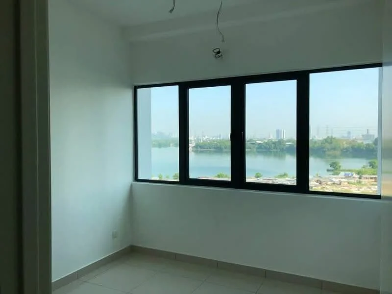 Room features: white painted walls, floor-to-ceiling windows, lake view, neutral tile flooring, ceiling light fixture, no visible furniture; style: modern; view: lake.