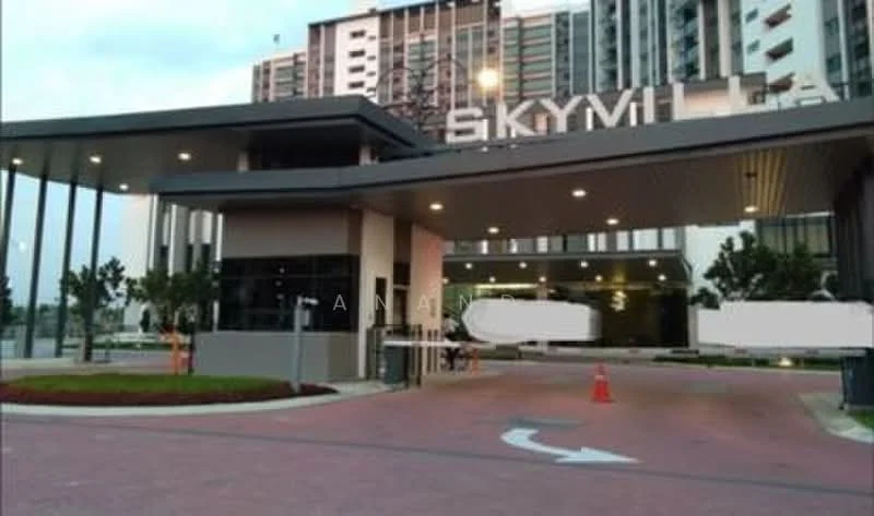 Exterior type: high-rise condominium; features: modern entrance gate, guard house at entrance, paved driveway, landscaped garden with shrubs, signage with 'SKYMI', surrounded by residential buildings, security features visible, well-lit entrance area; style: modern.