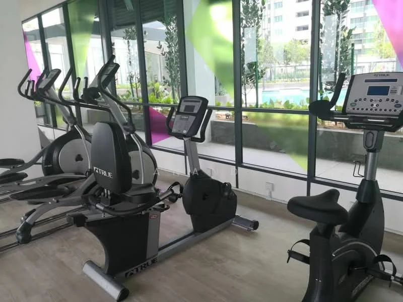Room features: elliptical machine, stationary bike, treadmill, large windows, greenery view, wooden flooring, modern fitness equipment, brightly colored wall accents; style: modern; view: garden.