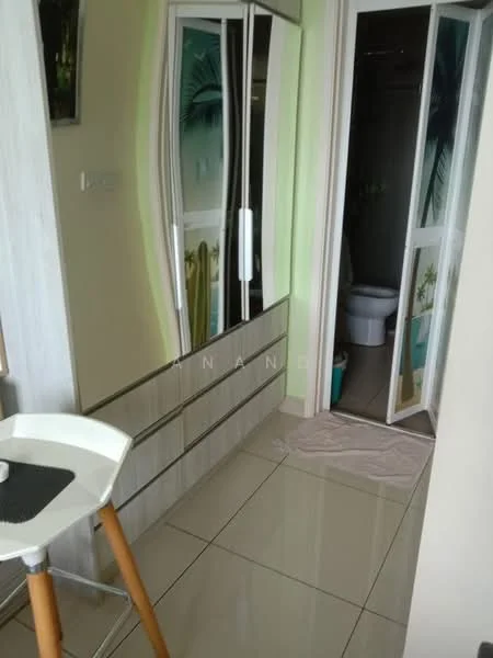 Room features: mirror wardrobe with sliding doors, white cabinetry, green painted walls, glossy tile flooring, white ceiling, doorway leading to bathroom, decorative wall art, small table with high chair; style: modern.