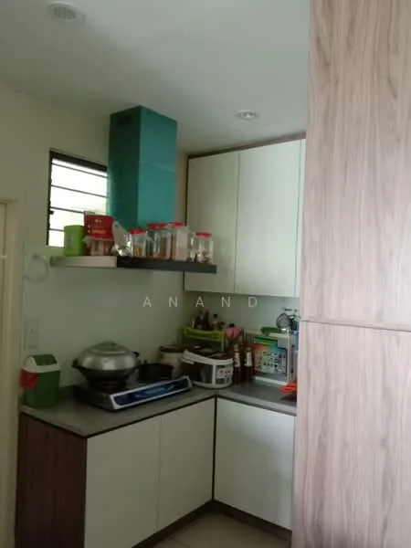 Kitchen features: white cabinetry, wood grain cabinetry, grey countertop, stainless-steel stove, ventilation hood, shelf with jars, kitchen utensils, sink, green storage container, window with bars, light fixtures, tile flooring; style: modern.