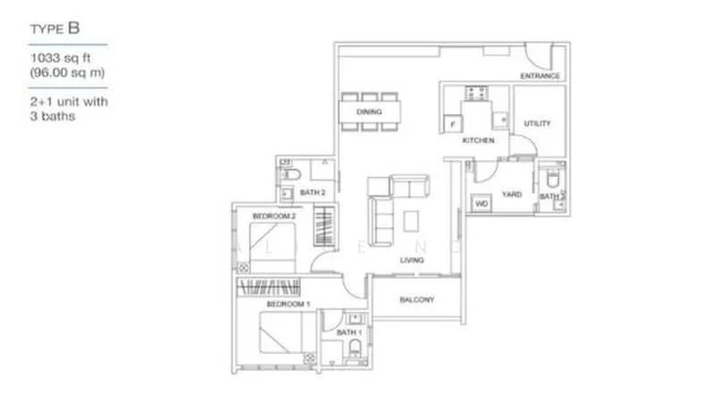 Floor plan: 2-bedroom 3-bathroom unit; features: open-plan kitchen-dining-living, utility room, balcony off living room, yard area, master bedroom with ensuite bathroom, bedroom 2 with shared bathroom, central foyer.