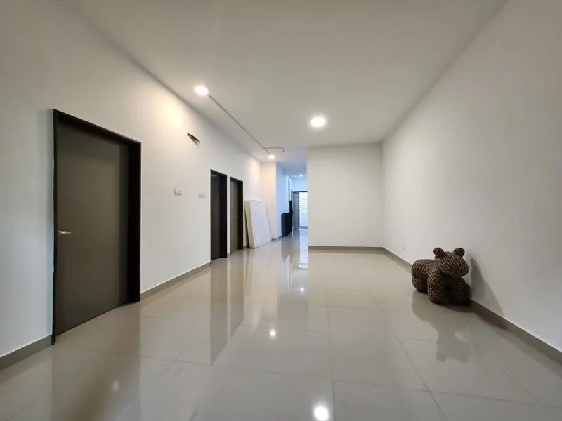 Room features: white painted walls, glossy ceramic tile flooring, recessed downlights, two wooden doors, one door with a grey finish, decorative bear-shaped storage, open space layout, neutral color scheme; style: modern.