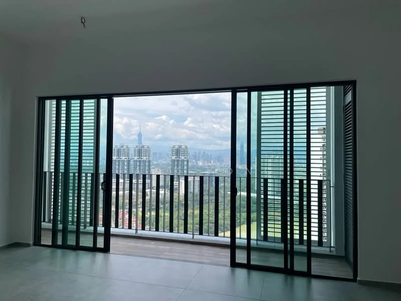 Room features: floor-to-ceiling windows, sliding glass door, green louvered window treatments, grey tiled flooring, city skyline view, balcony access; style: modern; view: city.