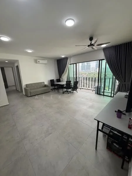 Living features: large floor-to-ceiling windows, sliding glass door, grey tiled flooring, 5-blade ceiling fan with light, sofa in light grey fabric, black office chairs, dining table with black chairs, air conditioning unit, curtains in dark grey, wall-mounted TV, decorative wall, open layout; style: modern; view: city.