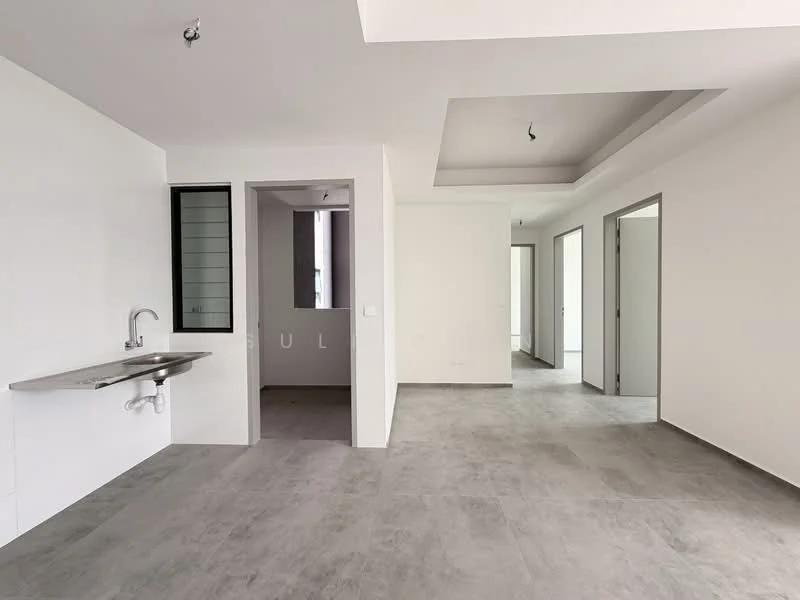 Room features: white painted walls, grey tile flooring, single-bowl stainless-steel sink, window with grid design, recessed ceiling, open layout, doorway leading to another room, doorway leading to hallway; style: modern.