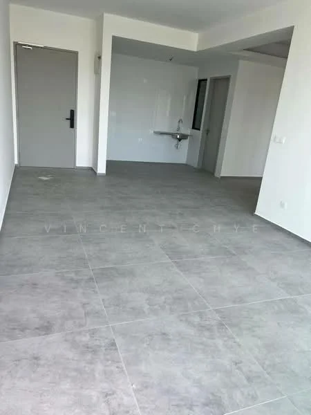 Room features: grey tile flooring, white painted walls, large windows, open layout, wall-mounted sink, no visible cabinetry, minimalist design, neutral color palette; style: modern.