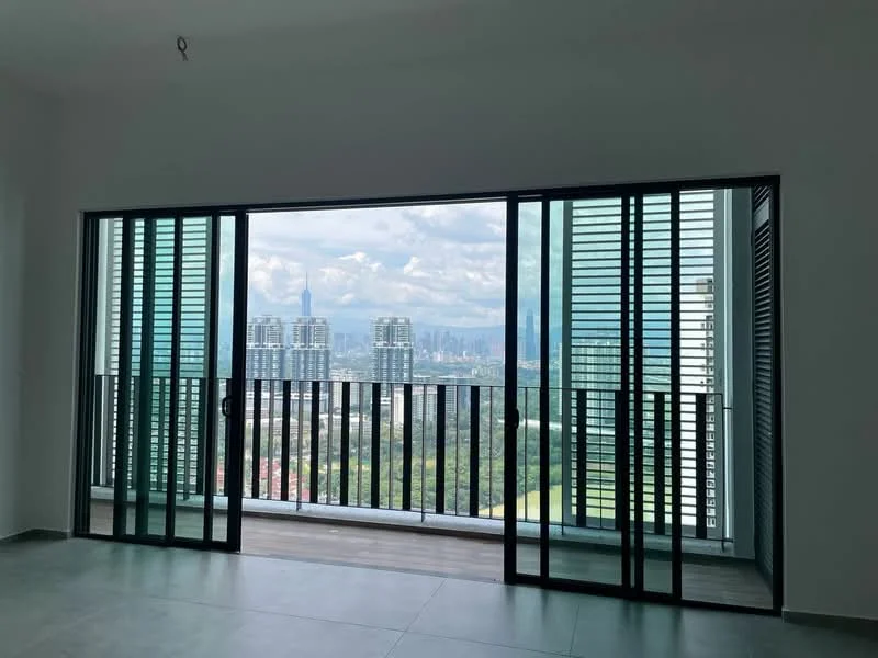 Room features: floor-to-ceiling windows, sliding glass door, green louvered window treatments, grey tiled flooring, city skyline view, balcony access, white painted walls, natural light; style: modern; view: city.