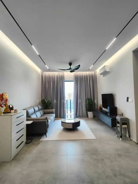 Living features: 3-seater leather sofa in grey, coffee table, wall-mounted TV, TV console, area rug, floor-to-ceiling windows, sheer curtains, 1 wall-mounted split AC, 5-blade ceiling fan with light, recessed LED downlights, light grey tiled flooring, decorative plants; style: modern; view: city.